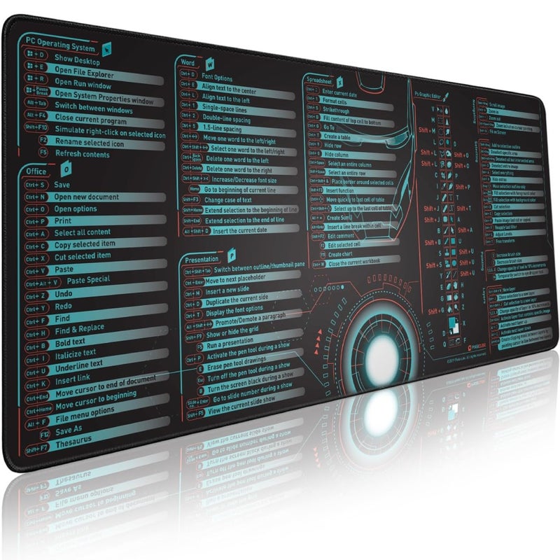 Pixiecube Windows, Office, Excel, Adobe Photoshop Shortcut Keys Extended Large Mouse Pad | Gaming Desk Mat for PC. Stitched Edge Non-Slip Base Mousepad, Keyboard Mat - Image 1